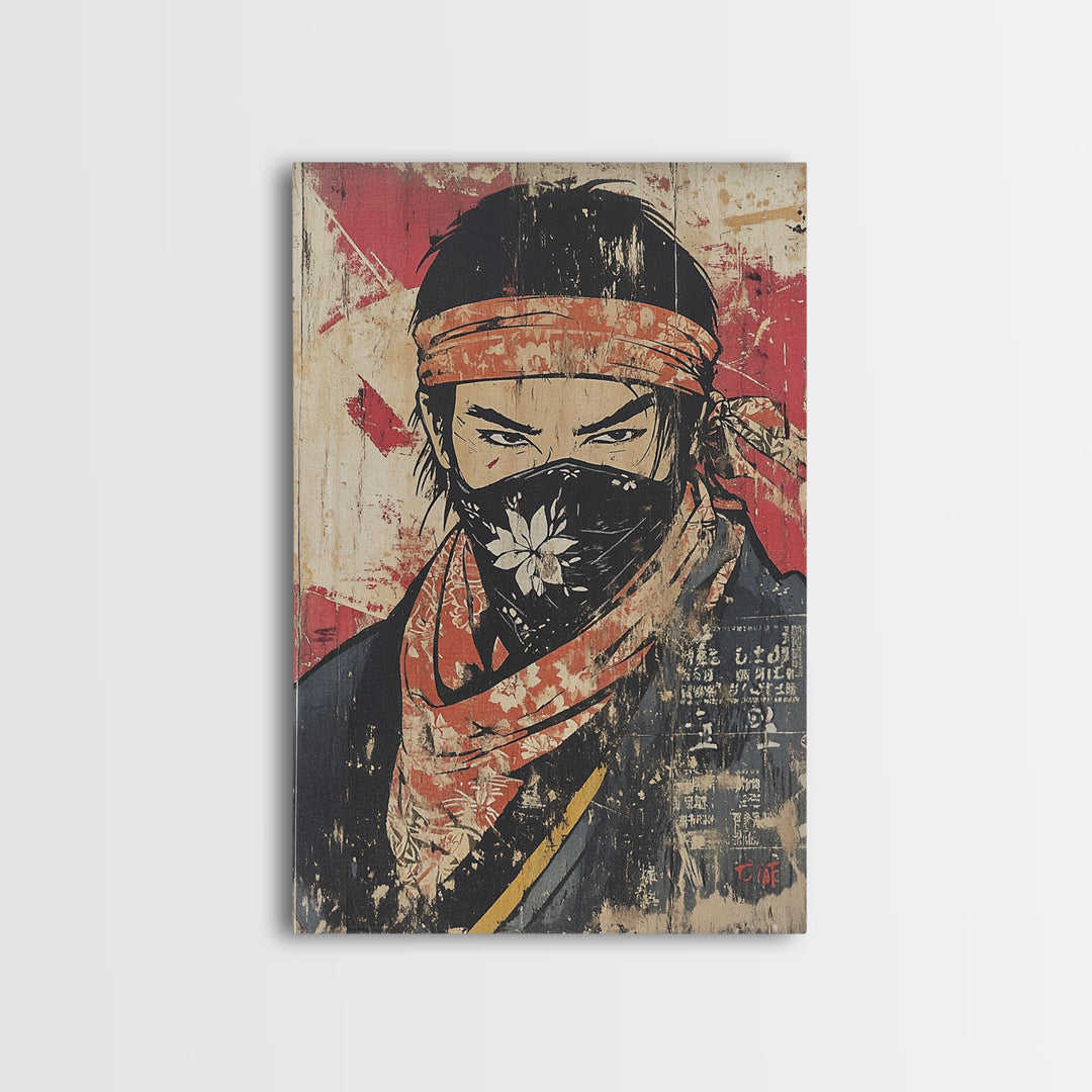 Masked Samurai Warrior Portrait Wall Art, Japanese Ink Style Canvas Print, Dark Academia Decor, Bold Asian Wall Decor, Gift For Him
