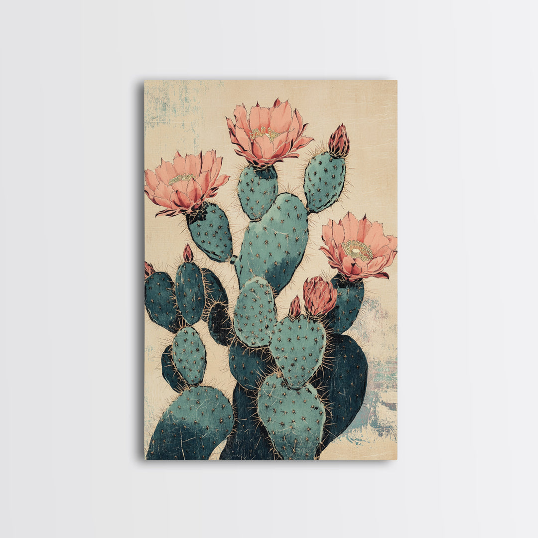 Blooming Prickly Pear Cactus Wall Art, Southwestern Botanical Canvas Print, Pink Floral Desert Decor, Boho Home Decor, Gift For Her