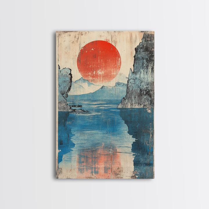 Red Sun Blue Mountain Lake Wall Art, Japanese Woodblock Style Canvas Print, Calm Coastal Landscape Decor For Living Room