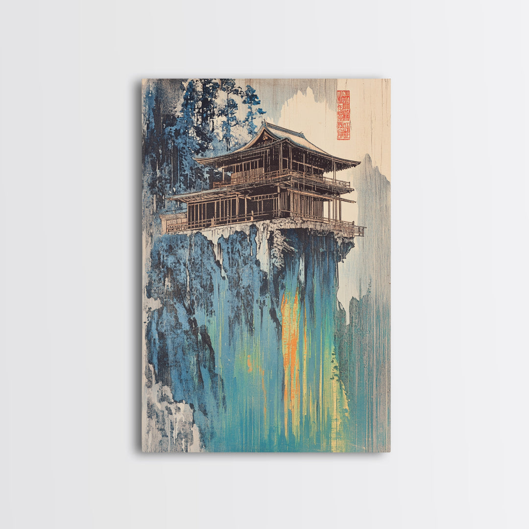Cliffside Pagoda Temple Wall Art, Asian Mountain Landscape Canvas Print, Japandi Zen Decor, Statement Artwork For Home Decor