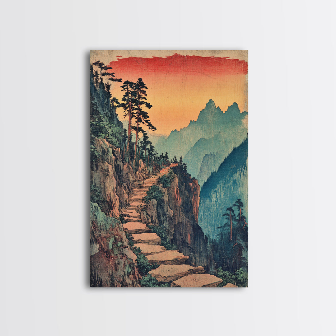 Sunset Mountain Path Pine Forest Wall Art, Japanese Woodblock Landscape Canvas Print, Rustic Nature Decor For Living Room