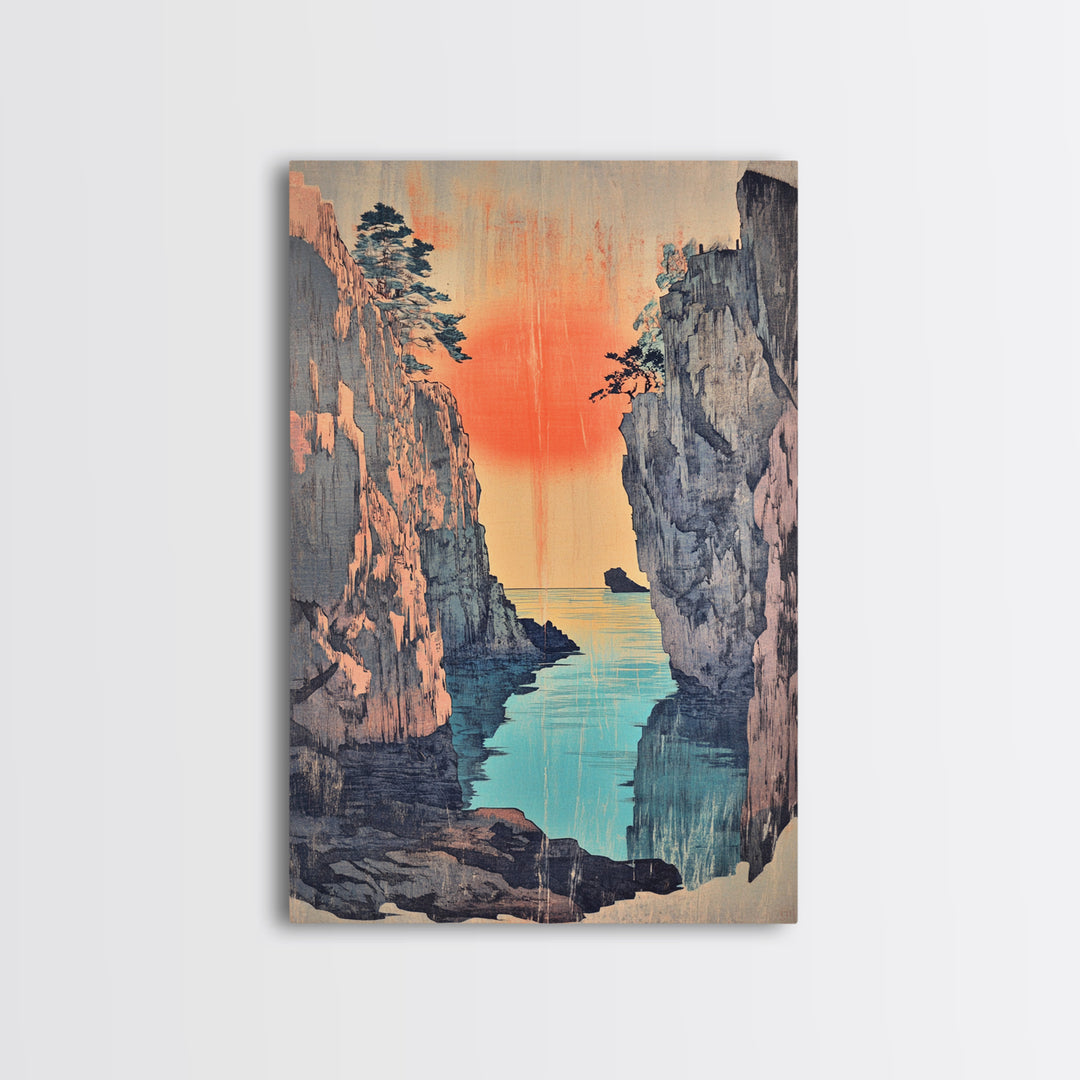 Sunset Sea Canyon Between Cliffs Framed Canvas Print, Japanese Wall Art, Coastal Landscape Poster, Ocean Decor Gift For Her