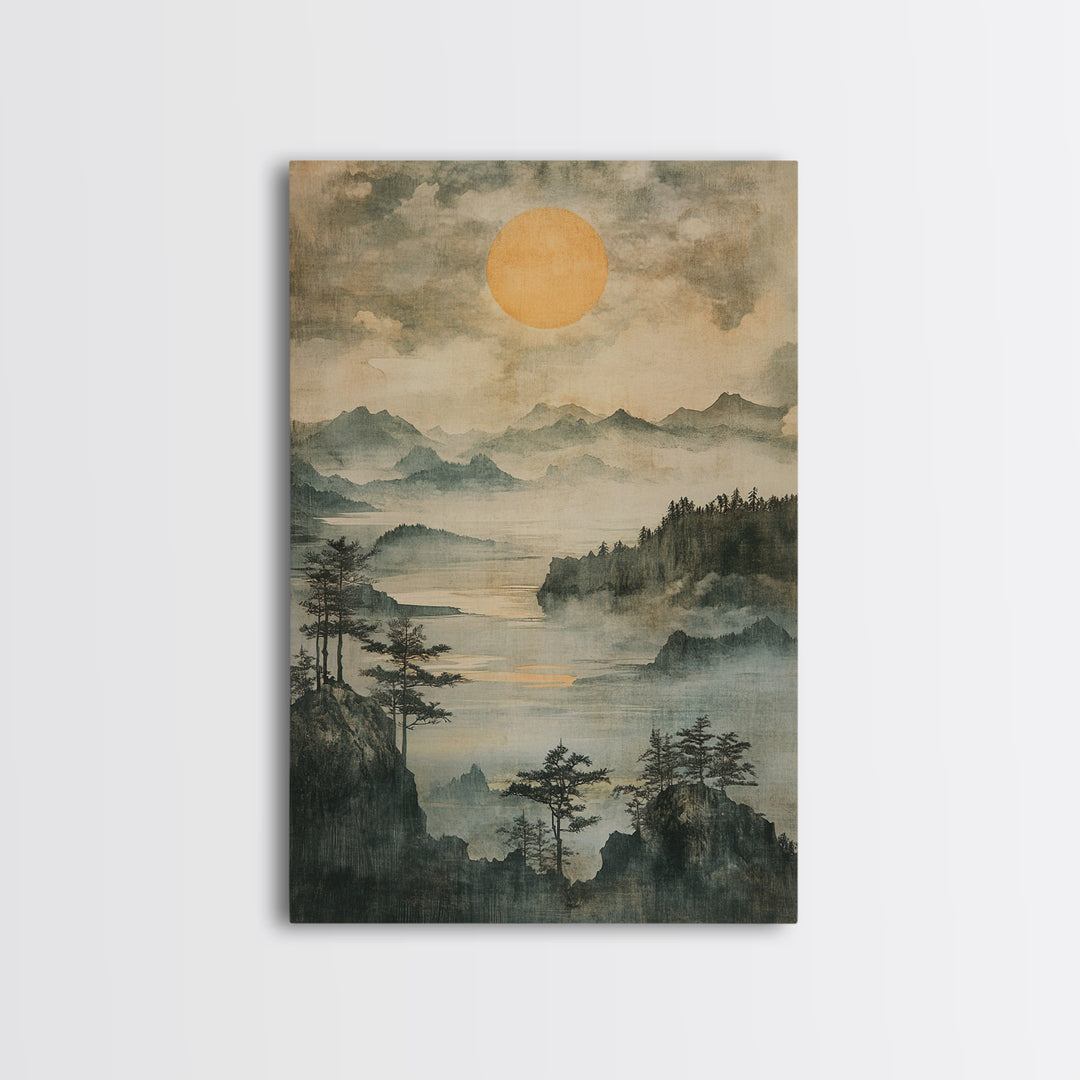 Misty Mountain Lake With Golden Sun Wall Art, Japanese Landscape Canvas Print, Serene Forest Decor, Japandi Home Decor Gift