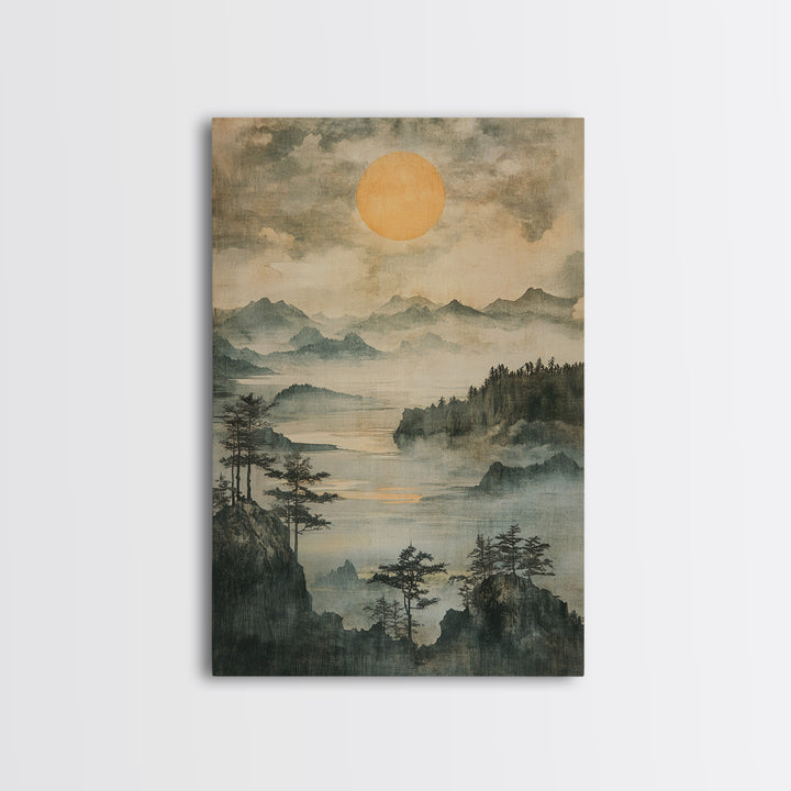 Misty Mountain Lake With Golden Sun Wall Art, Japanese Landscape Canvas Print, Serene Forest Decor, Japandi Home Decor Gift