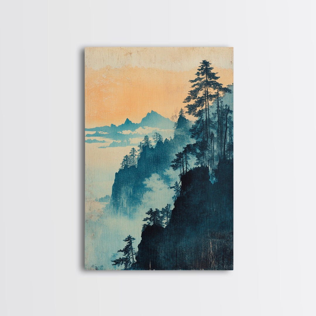 Blue Mist Forested Cliffs At Dawn Canvas Print, Japanese Landscape Wall Art, Nature Wall Decor, Serene Coastal Home Decor