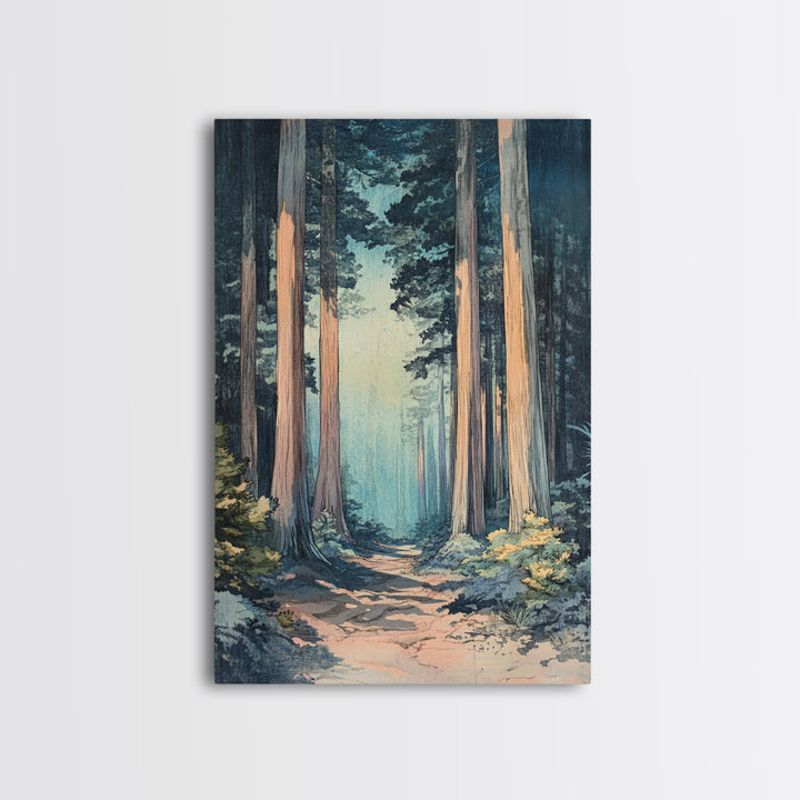 Misty Redwood Forest Path Wall Art, Tall Tree Nature Print, Moody Woodland Decor, Japandi Living Room Canvas Print For Entryway