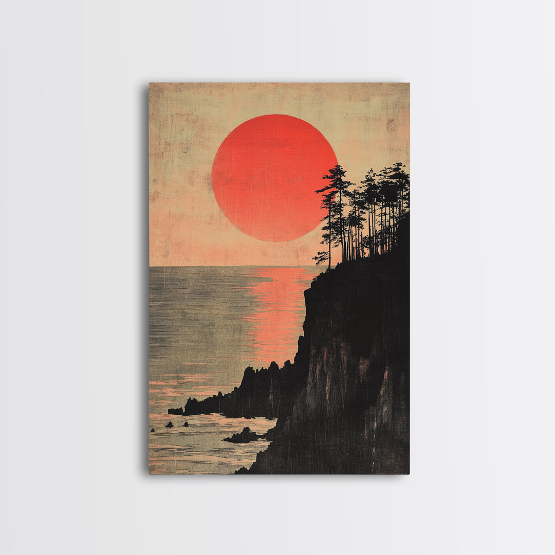 Crimson Sun Over Ocean Cliffs Wall Art, Japanese Coastal Poster, Moody Seascape Decor, Large Framed Canvas Print For Living Room