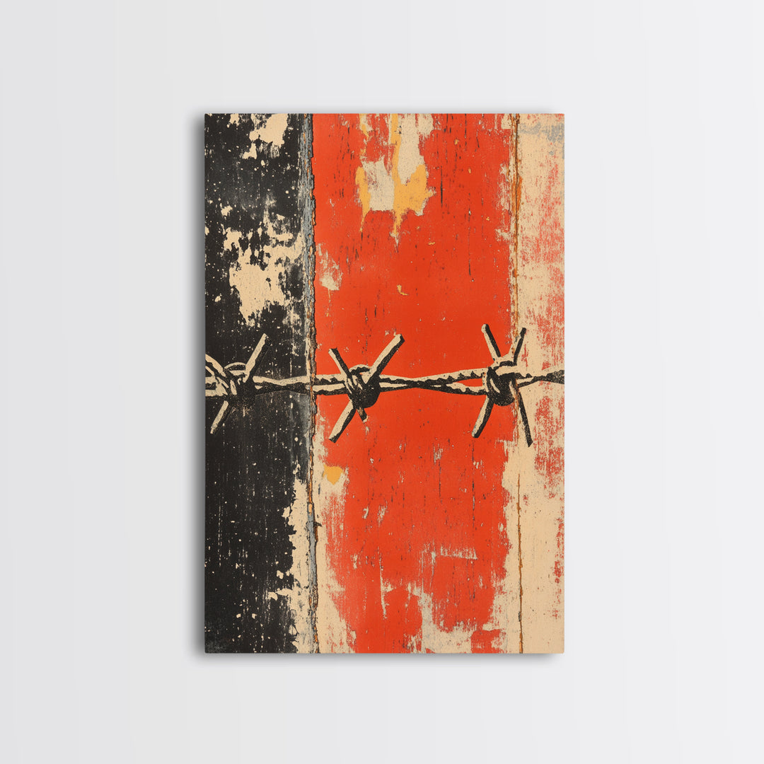 Distressed Barbed Wire On Red Black Wall Art, Industrial Abstract Poster, Edgy Rustic Decor, Modern Canvas Print For Man Cave