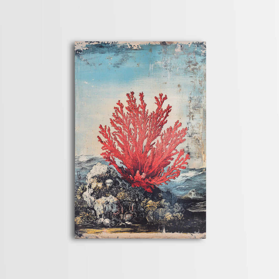 Red Sea Fan Coral On Rocks Wall Art, Coastal Ocean Botanical Print, Nautical Beach House Decor, Framed Canvas Print Gift