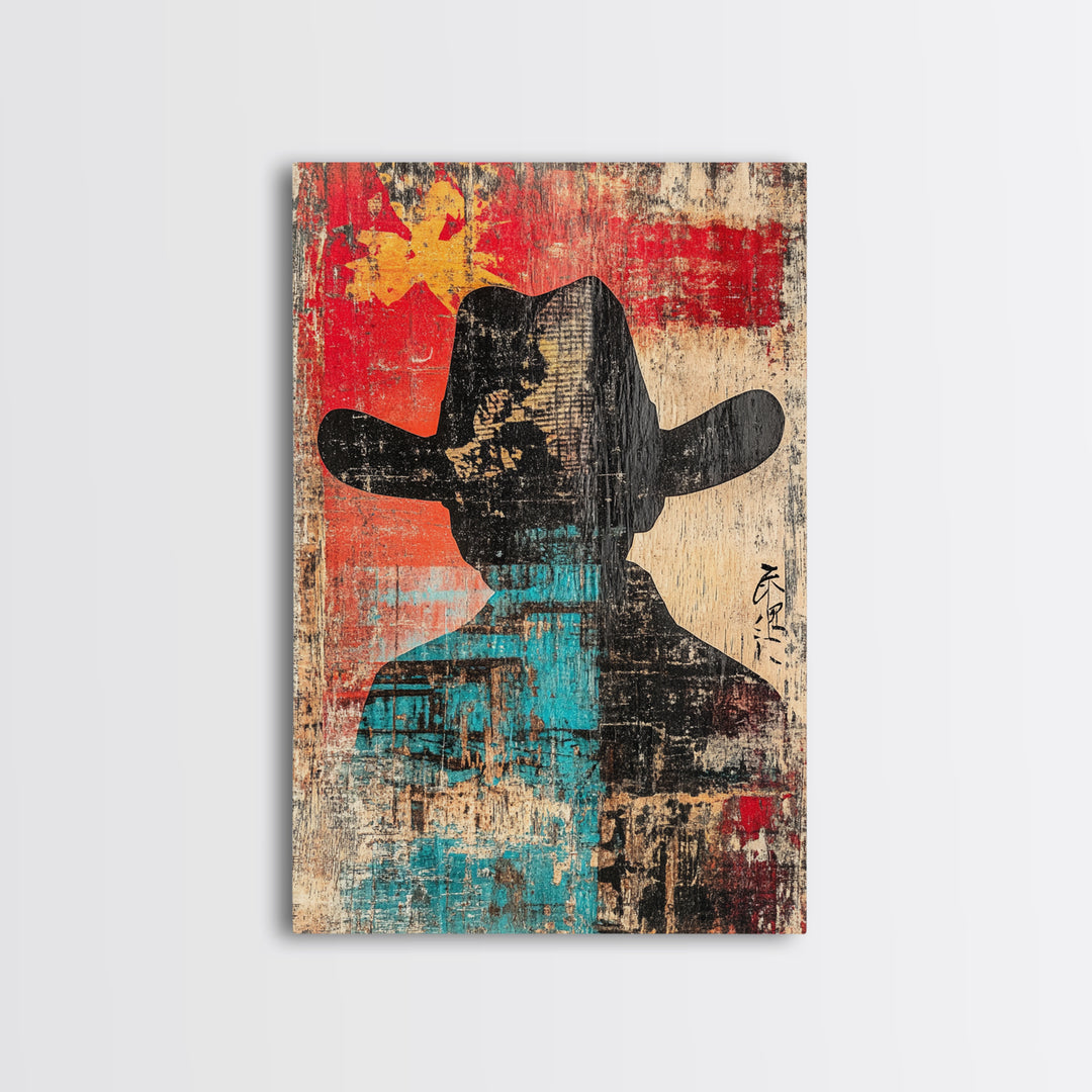 Abstract Cowboy Silhouette Wall Art, Western Canvas Print, Bold Red Teal Rustic Decor, Masculine Southwest Living Room Art