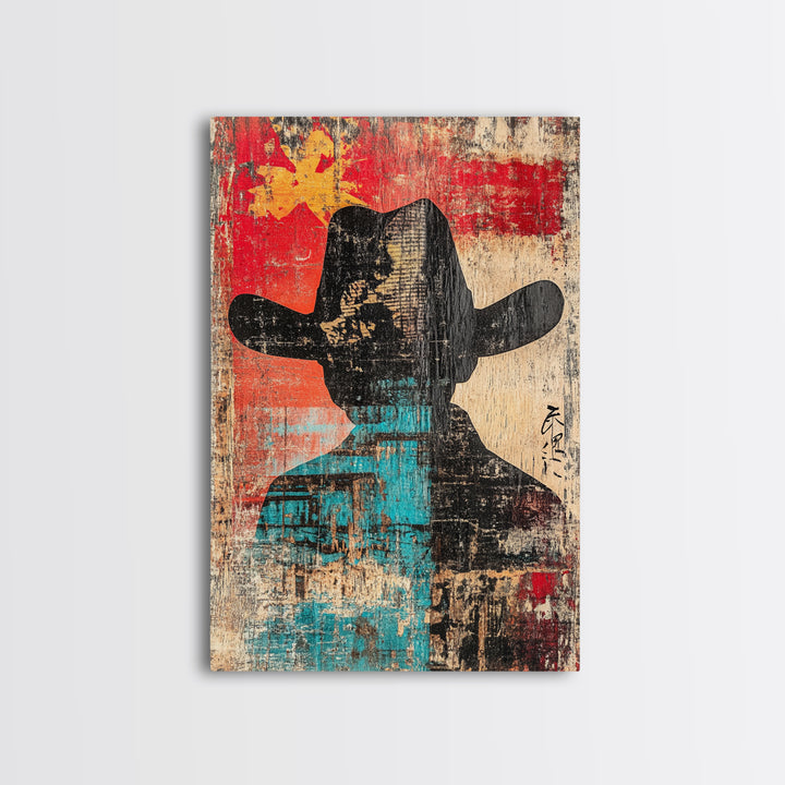 Abstract Cowboy Silhouette Wall Art, Western Canvas Print, Bold Red Teal Rustic Decor, Masculine Southwest Living Room Art