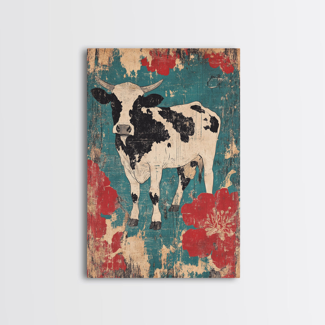 Black And White Cow Wall Art, Floral Farmhouse Canvas Print, Rustic Animal Decor, Teal Red Kitchen Living Room Art, Home Decor