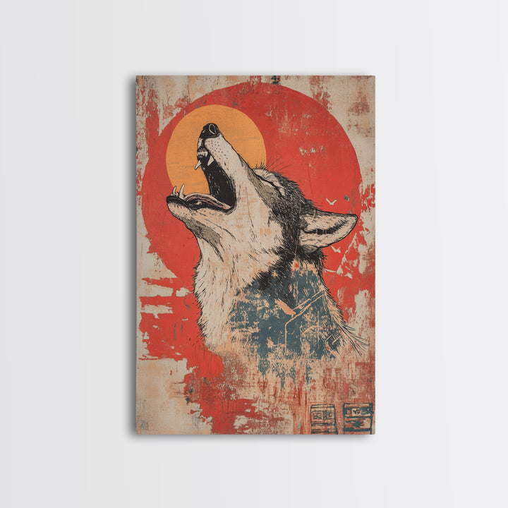 Howling Wolf Red Sun Wall Art, Rustic Wildlife Canvas Print, Southwestern Animal Decor, Moody Cabin Living Room Art Print