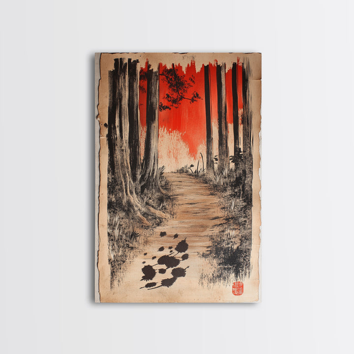 Red Sky Forest Path Wall Art, Japanese Landscape Canvas Print, Moody Woodland Decor, Nature Art For Cabin Or Office Decor