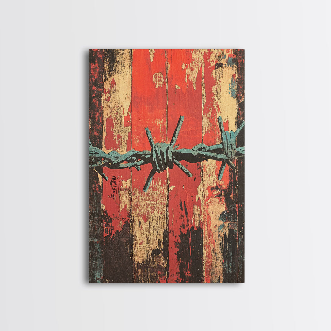 Barbed Wire Abstract Wall Art, Grunge Western Canvas Print, Red Teal Industrial Decor, Bold Rustic Statement Art For Office Decor