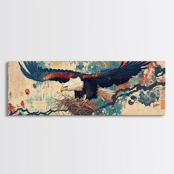 Soaring Eagle With Nest Japanese Inspired Wall Art, Panoramic Canvas Print, Asian Decor, Nature Wall Decor, Gift For Bird Lover