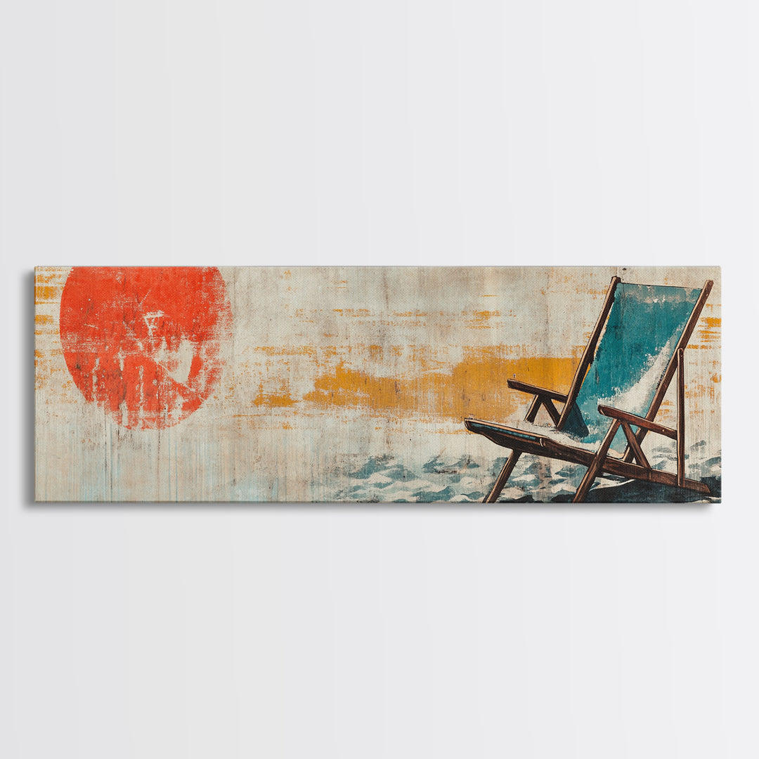 Red Sun Beach Chair Coastal Wall Art, Panoramic Canvas Print, Beach House Decor, Ocean Wall Decor, Summer Living Room Art