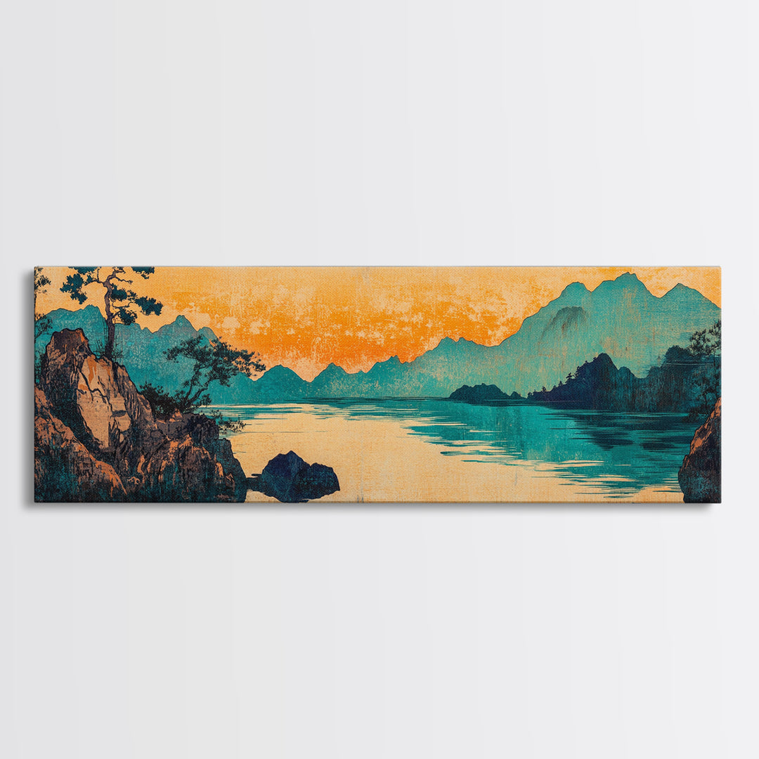Teal Mountain Lake Japanese Landscape Wall Art, Panoramic Canvas Print, Asian Inspired Decor, Serene Living Room Decor, Housewarming Gift