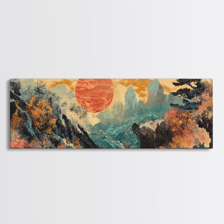 Red Sun Autumn Mountains Japanese Wall Art, Framed Canvas Print, Panoramic Landscape, Japandi Decor, Large Living Room Art