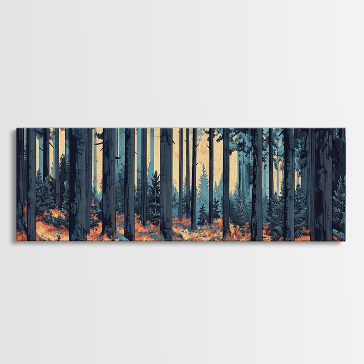 Blue Pine Forest With Orange Leaves Wall Art, Long Horizontal Canvas Print, Woodland Nature Decor, Moody Living Room Art