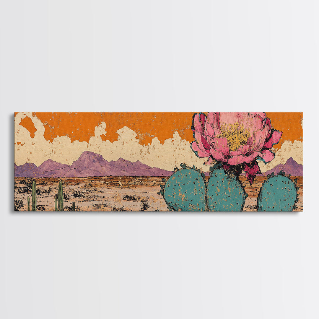 Pink Prickly Pear Cactus Desert Wall Art, Framed Canvas Print, Southwestern Decor, Orange Landscape, Gift For Plant Lover