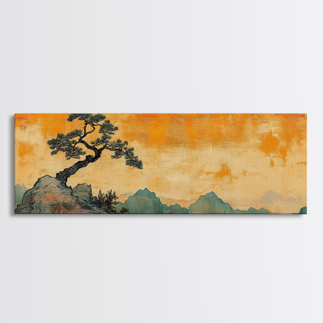Lone Windblown Pine Orange Mountain Wall Art, Panoramic Canvas Print, Japandi Landscape Decor, Asian Inspired Home Decor