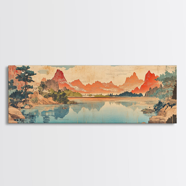 Red Peaks Reflecting In Lake Landscape Wall Art, Wide Horizontal Canvas Print, Japanese Inspired Decor, Large Living Room Art