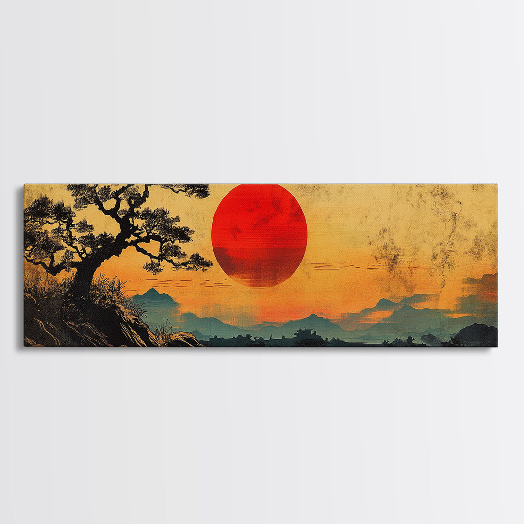 Red Sunset Over Pine Tree Japanese Wall Art, Panoramic Canvas Print, Japandi Landscape Decor, Zen Living Room Wall Art Print