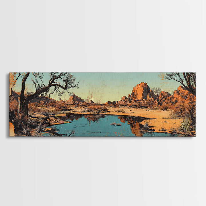 Southwestern Desert Lake Reflection Wall Art, Long Horizontal Canvas Print, Rustic Landscape, Warm Earth Tone Living Room Decor