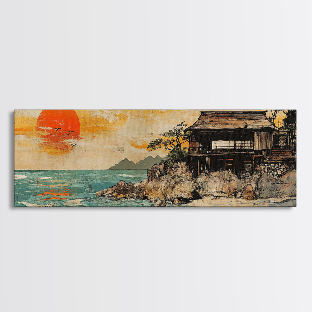 Japanese Seaside House Orange Sunset Wall Art, Framed Canvas Print, Coastal Ocean Landscape, Beach House Living Room Decor