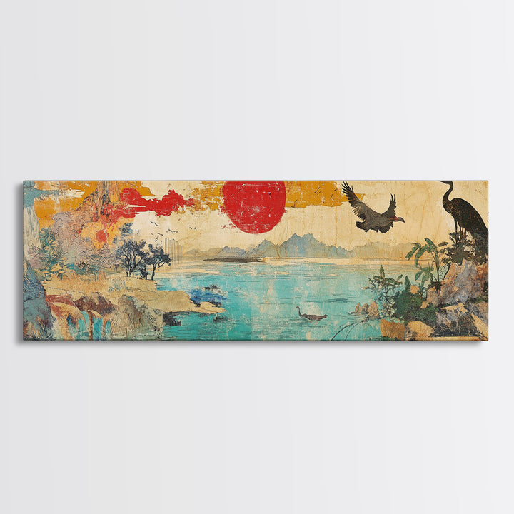 Red Sun Coastal Crane And Deer Wall Art, Panoramic Canvas Print, Japanese Landscape, Bird Wildlife Decor For Living Room