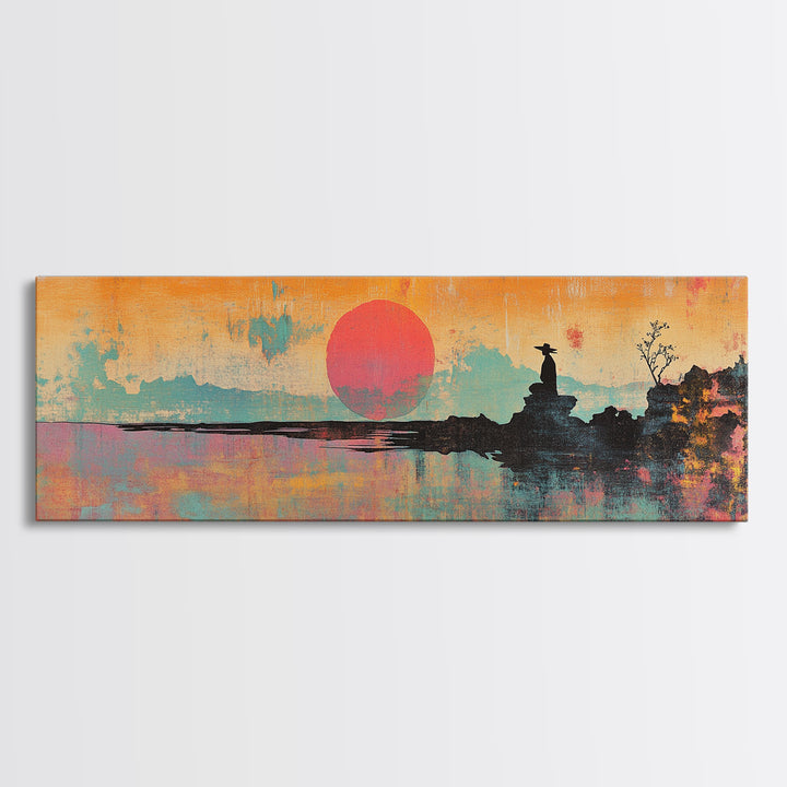 Abstract Orange Sun Over Still Water Wall Art, Framed Canvas Print, Minimalist Seascape, Japandi Modern Coastal Bedroom Decor