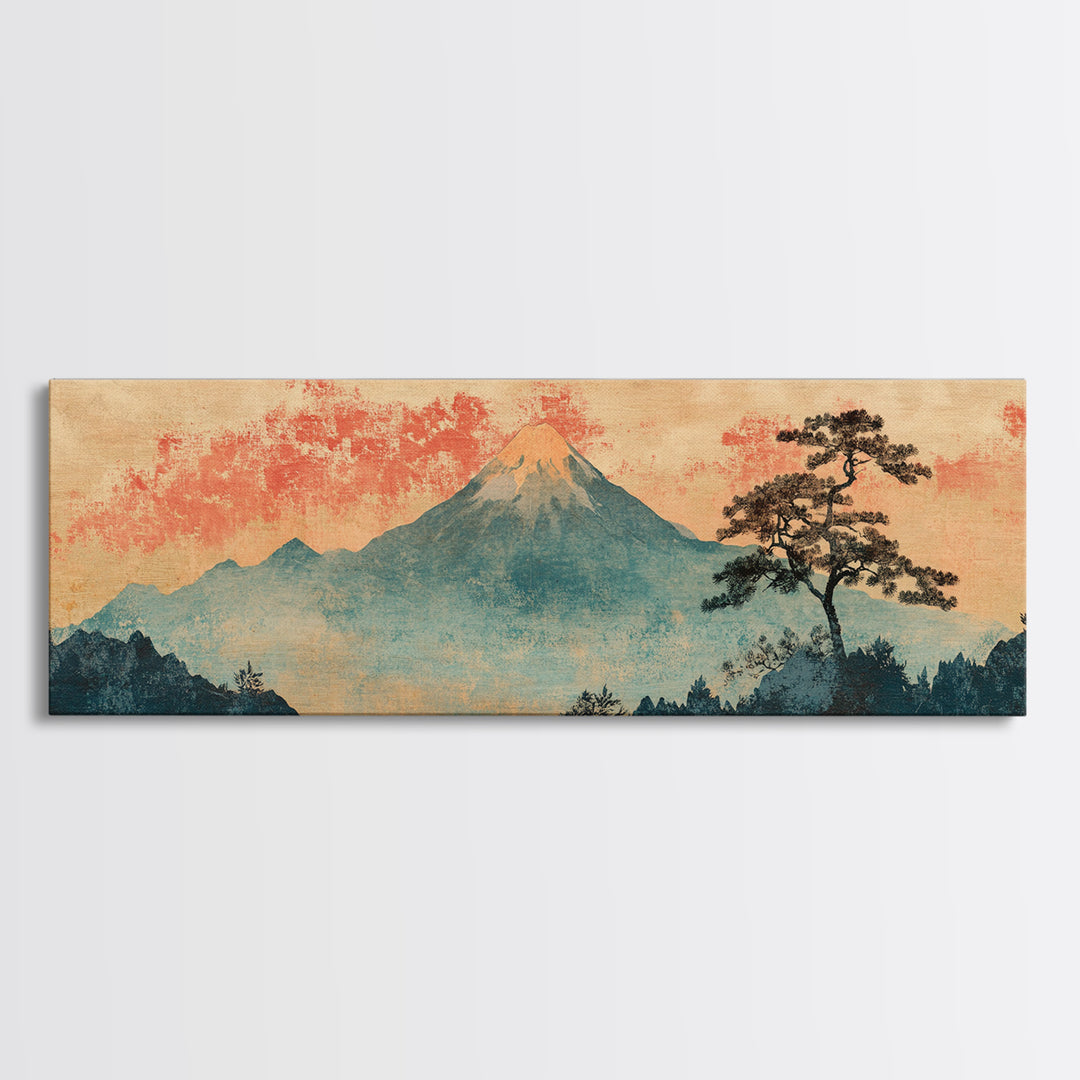 Misty Mount Fuji Pine Tree Wall Art, Long Horizontal Canvas Print, Japanese Landscape, Serene Japandi Nature Living Room Decor