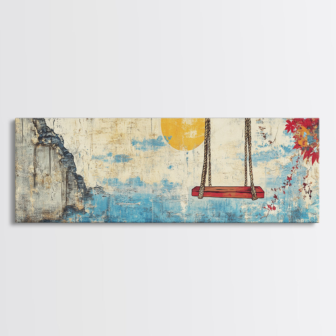 Ocean Cliff Swing Yellow Moon Wall Art, Long Horizontal Canvas Print, Coastal Blue Seascape, Japanese Minimalist Bedroom Decor