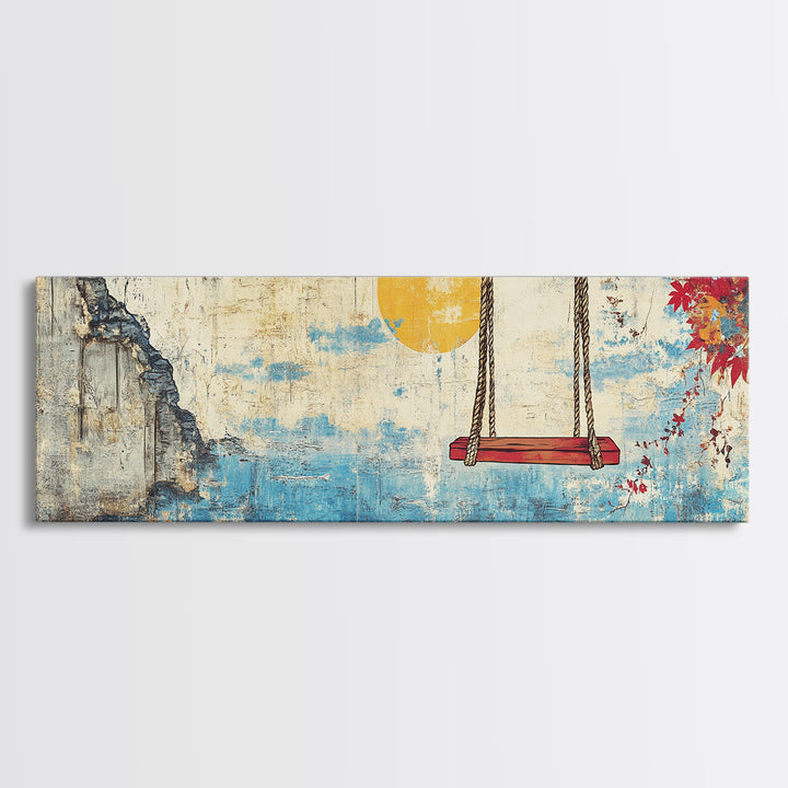 Ocean Cliff Swing Yellow Moon Wall Art, Long Horizontal Canvas Print, Coastal Blue Seascape, Japanese Minimalist Bedroom Decor