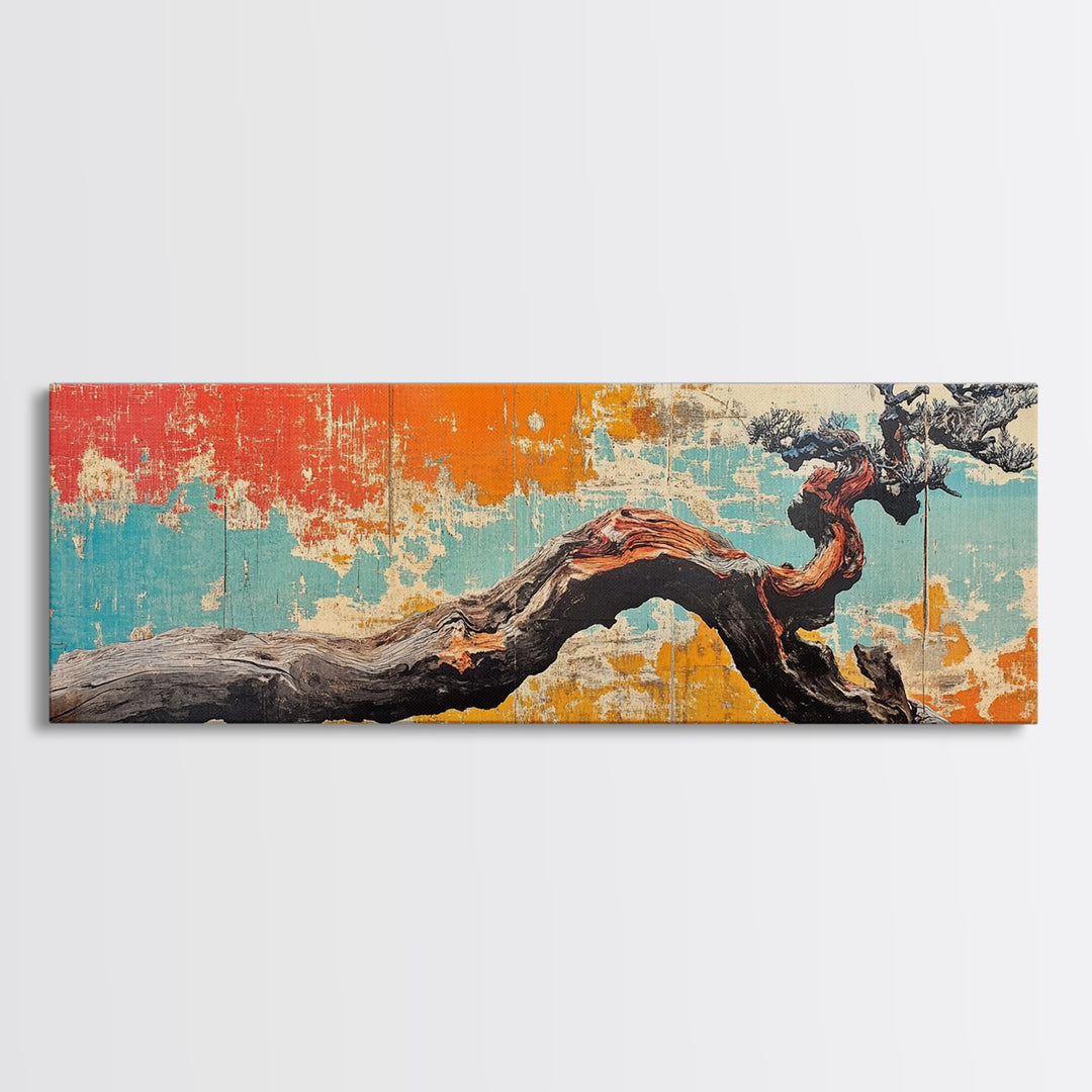 Gnarled Bonsai Tree Branch Wall Art, Japanese Nature Print, Wabi Sabi Decor, Rustic Horizontal Canvas For Modern Living Room