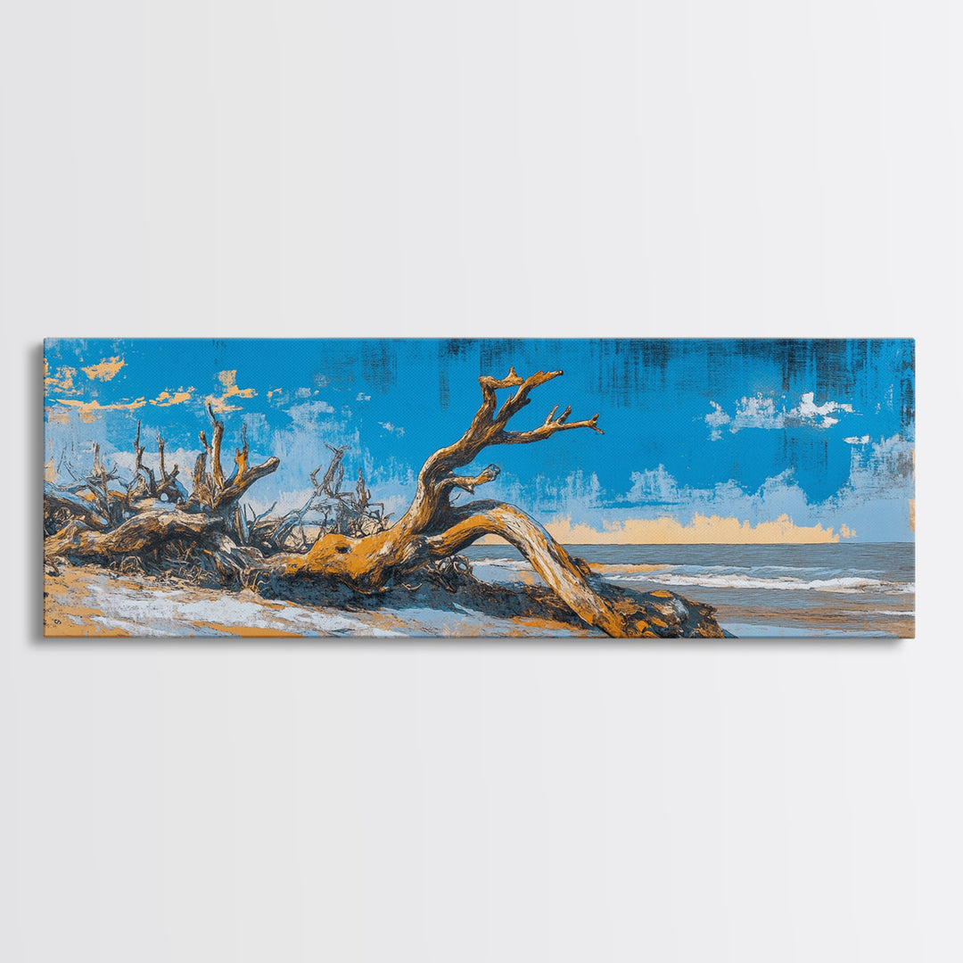 Driftwood Beach And Blue Sky Canvas Print, Coastal Wall Art, Nautical Landscape Decor, Large Horizontal Print For Beach House