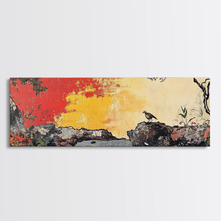 Crow On Rocky Japanese Garden Wall Art, Red Sunset Landscape Print, Asian Inspired Decor, Large Horizontal Canvas For Living Room