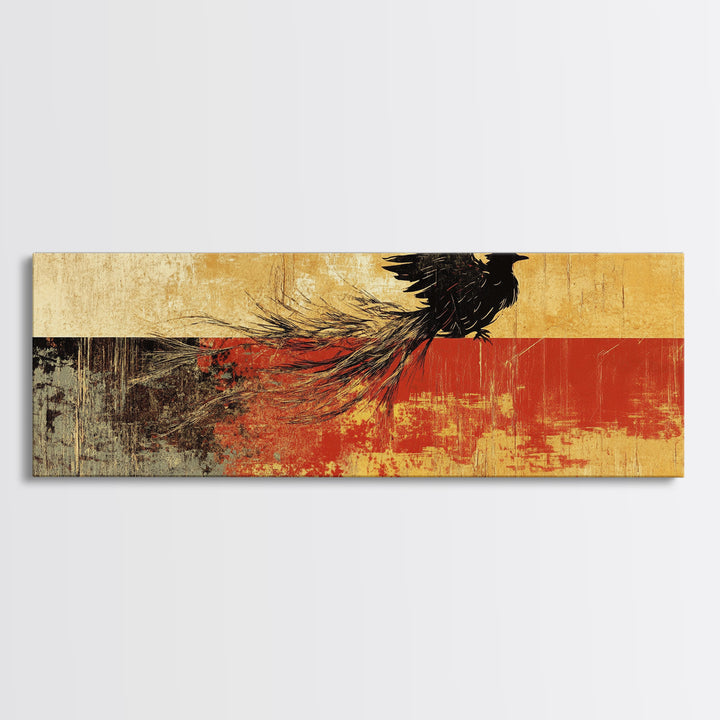 Black Bird In Flight Wall Art, Japanese Raven Print, Red And Gold Abstract Nature Decor, Large Horizontal Canvas For Office