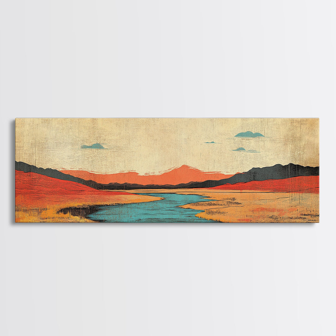 Red Grass Valley River Landscape Canvas Print, Modern Southwestern Wall Art, Wide Horizontal Nature Decor For Living Room