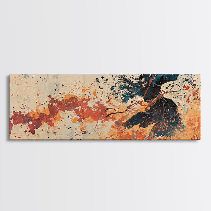 Flowing Black Dancer Abstract Wall Art, Feminine Figure Print, Orange Motion Decor, Contemporary Canvas For Bedroom Or Living Room