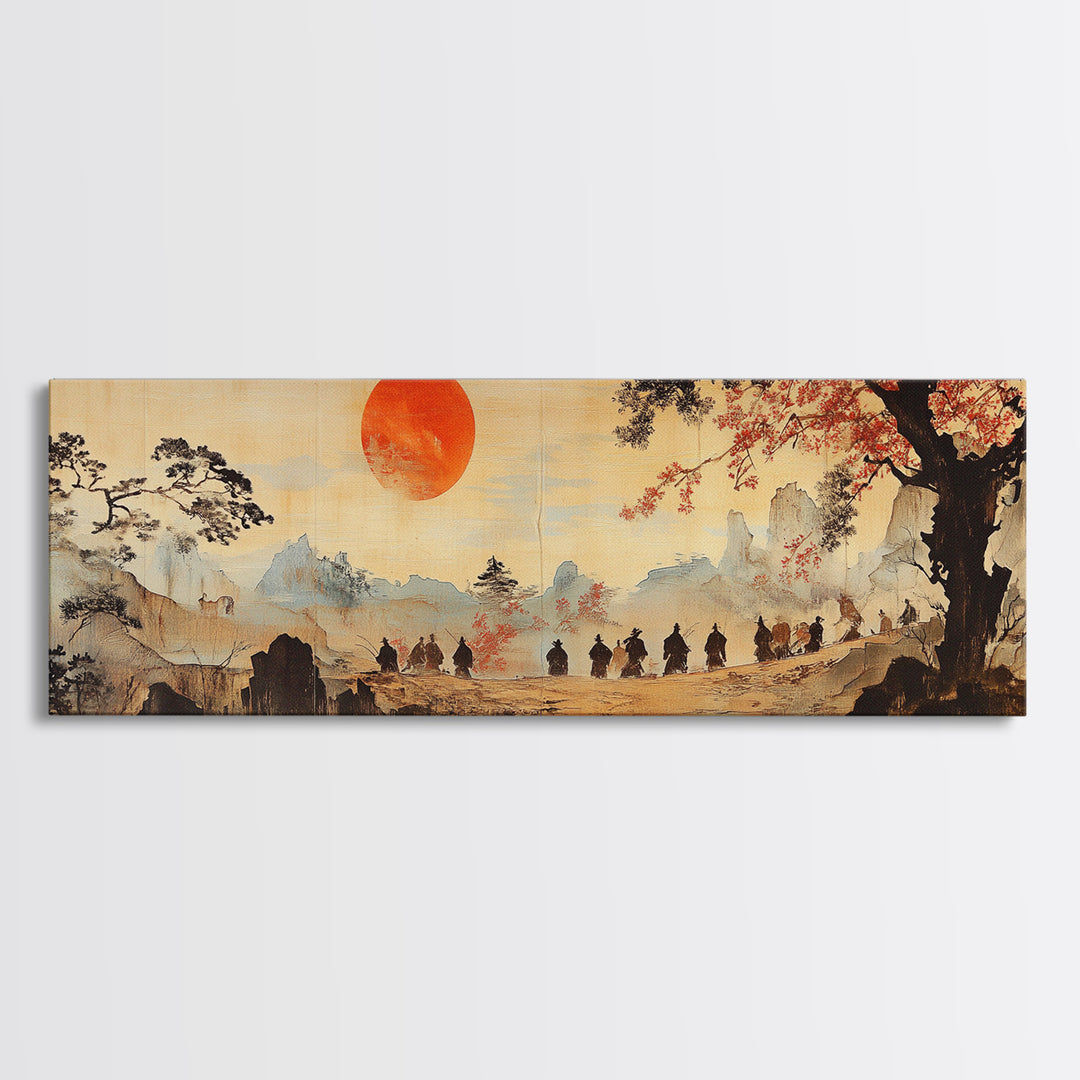 Red Sun Mountain Journey Wall Art, Japanese Landscape Print, Panoramic Canvas, Asian Home Decor, Living Room Decor Gift Idea