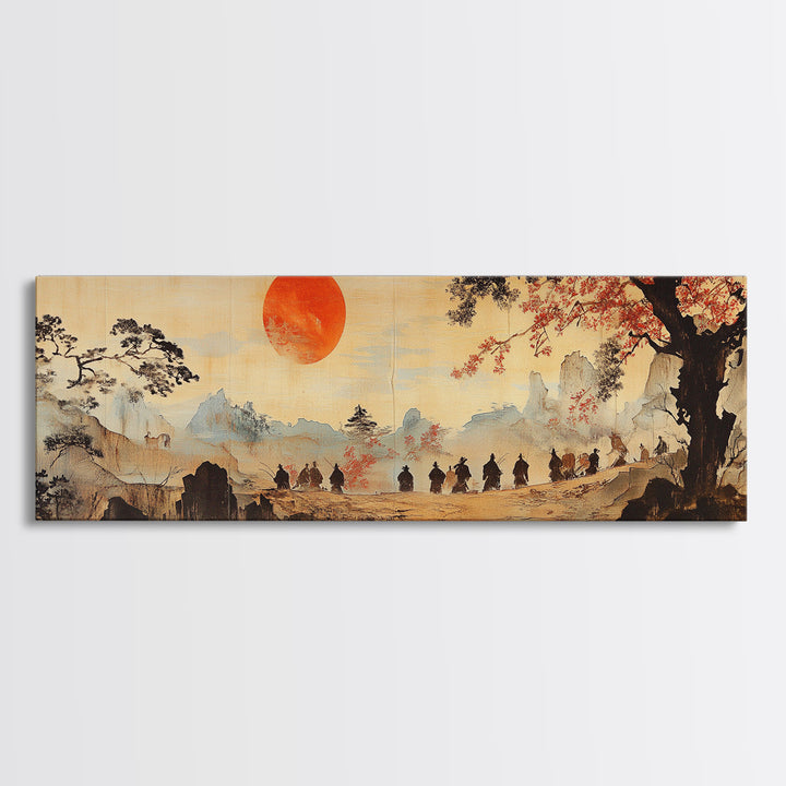 Red Sun Mountain Journey Wall Art, Japanese Landscape Print, Panoramic Canvas, Asian Home Decor, Living Room Decor Gift Idea