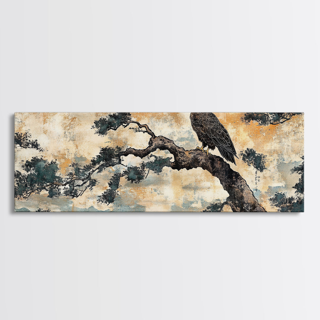 Eagle Pine Branch Wall Art, Japanese Bird Print, Panoramic Wildlife Canvas, Nature Inspired Decor, Office Living Room Art