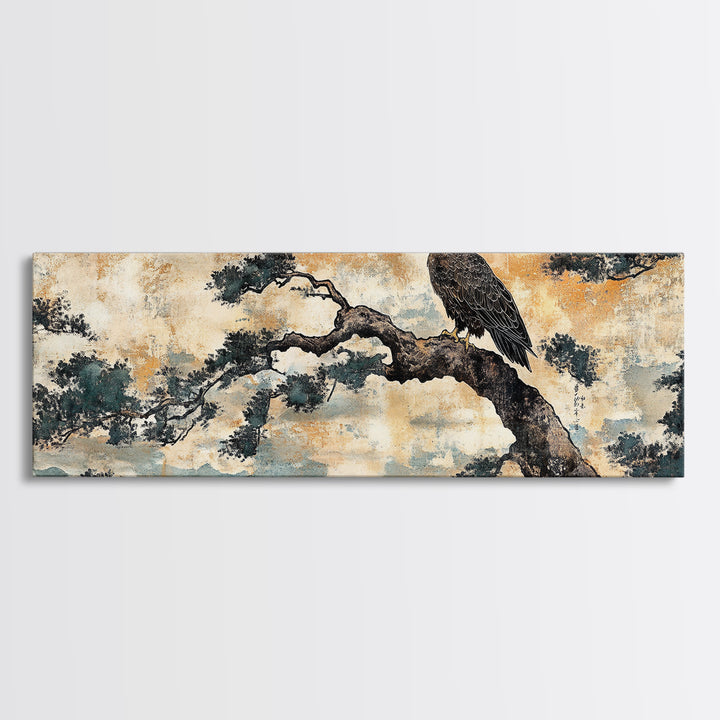 Eagle Pine Branch Wall Art, Japanese Bird Print, Panoramic Wildlife Canvas, Nature Inspired Decor, Office Living Room Art
