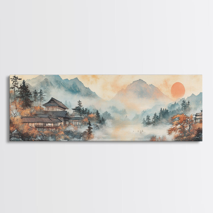 Misty Mountain Temple Framed Canvas Print, Japanese Landscape Art, Zen Lake Wall Decor, Panoramic Living Room Decor Gift