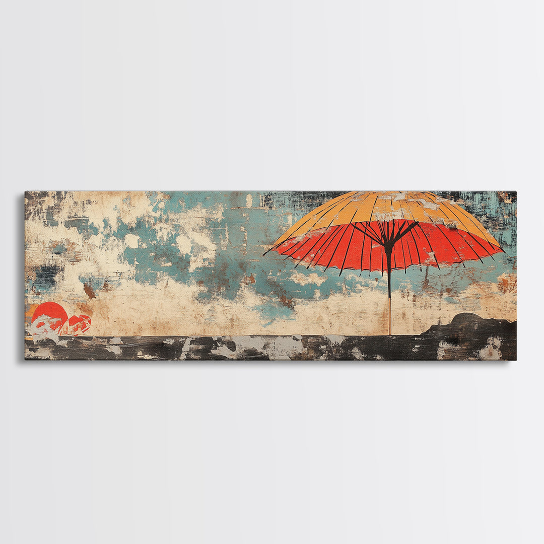 Red Umbrella Seascape Wall Art, Japanese Coastal Print, Minimalist Canvas, Beach House Decor, Asian Living Room Decor Gift