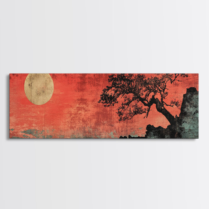 Red Moon Bonsai Silhouette Framed Canvas Print, Japanese Zen Landscape, Moody Wall Art, Asian Decor For Living Room Decor