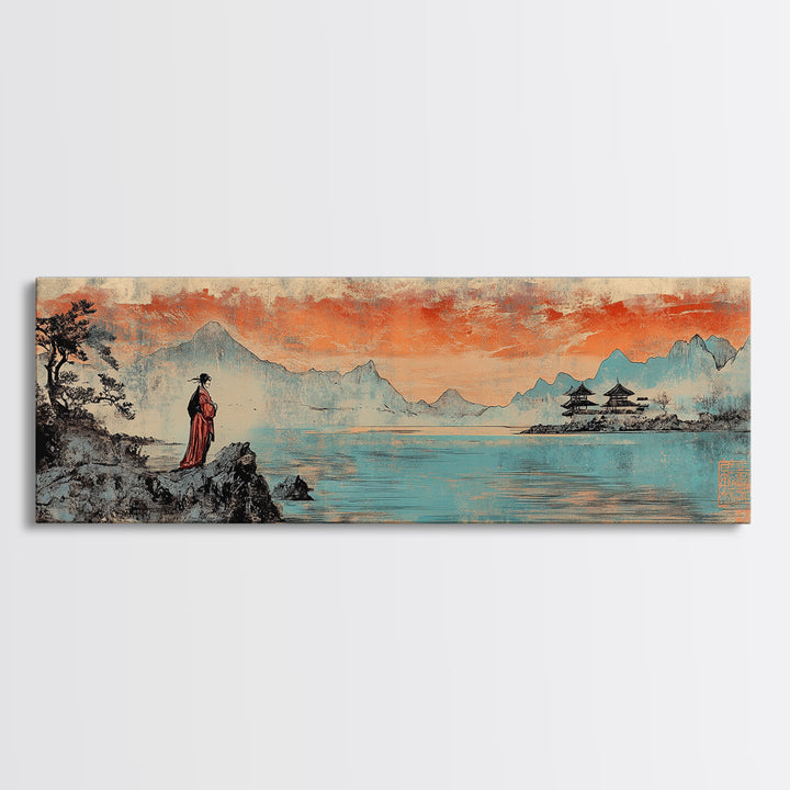 Geisha By Lake Wall Art, Japanese Sunset Landscape Print, Pagoda Canvas, Asian Home Decor, Panoramic Living Room Art Gift