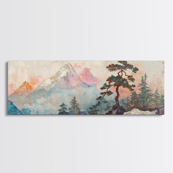 Snowy Mount Fuji Pine Canvas Print, Japanese Mountain Landscape, Winter Wall Art, Zen Nature Decor, Above Sofa Wall Decor